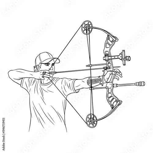 A person demonstrating proper archery form with a compound bow.