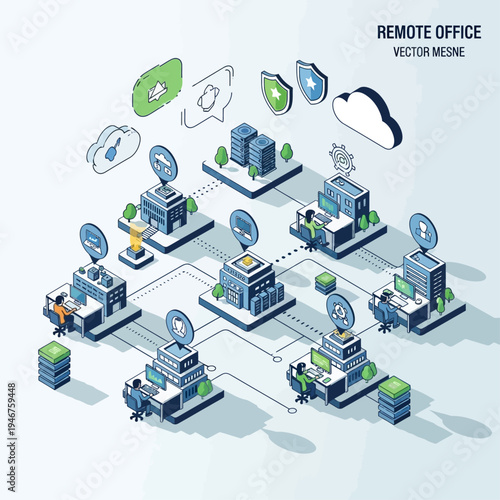 Isometric illustration of a remote office network connecting multiple distributed teams and cloud services for modern business operations.