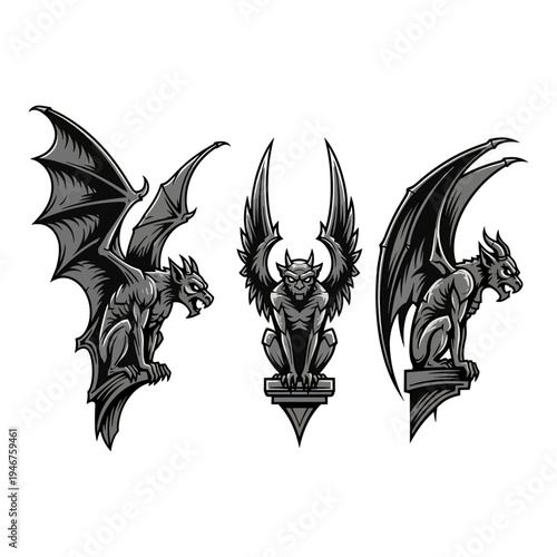 Three stylized gargoyle sculptures perched on decorative bases with wings spread wide