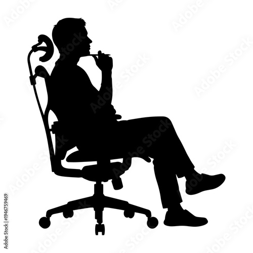 Person sitting in an office chair using a smartphone and holding a cup of coffee