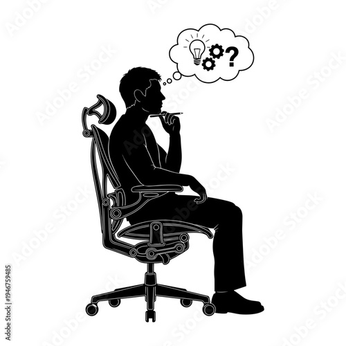 A person sitting thoughtfully in an office chair pondering ideas