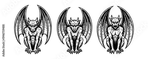 Three stylized depictions of gargoyle creatures with bat-like wings and varied poses