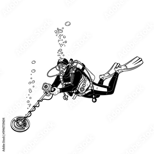 Scuba diver using a metal detector underwater to search for treasures