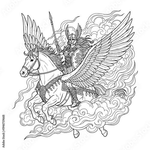 Mythical warrior riding a winged steed amidst stormy clouds