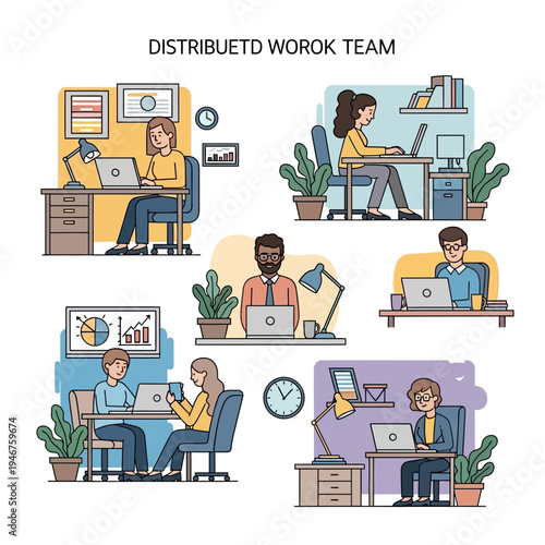 Illustration of a distributed work team with multiple individuals working remotely from their homes or offices using laptops.