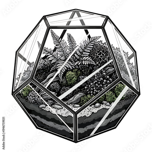 A vintage-style terrarium encased in a geometric glass structure with lush greenery inside