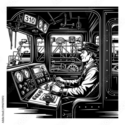 Steam-era train conductor operating vintage control panel inside locomotive cabin