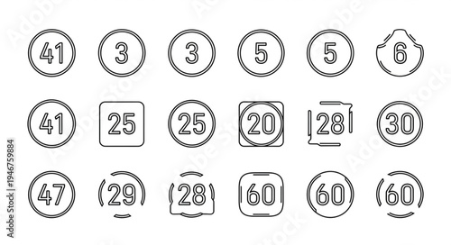 Collection of hand drawn numbers and speed limit signs.