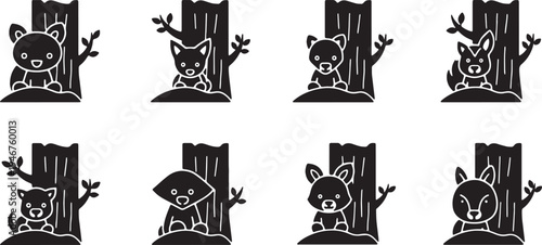 Black Solid Woodland Animals Hiding Behind Trees Set of Six on White Background