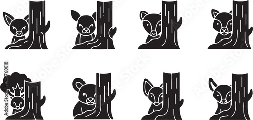 Black Solid Woodland Animals Hiding Behind Trees Set of Six on White Background