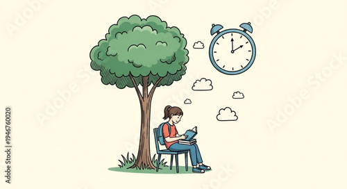Woman working on laptop under a tree with clock overhead.