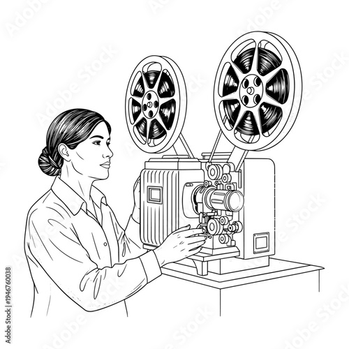 A woman operating an old-fashioned film projector with large film reels.