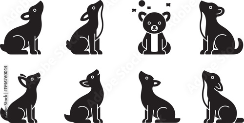 Black Solid Woodland Animals Looking Up at Sky Set of Six on White Background