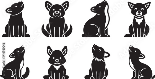 Black Solid Woodland Animals Looking Up at Sky Set of Six on White Background