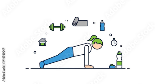 Woman doing a plank exercise with fitness equipment around her.