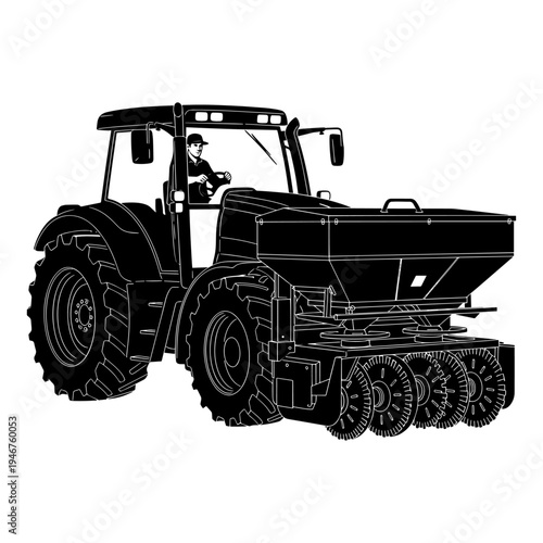 Agricultural tractor with attached spreader for distributing granular materials