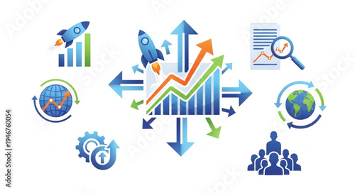 Business growth and success concept with charts and rockets.
