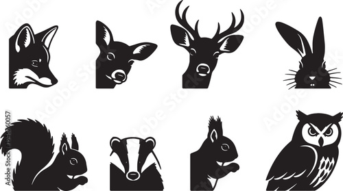 Black Solid Woodland Animals Peeking Around Corners Set of Six on White Background