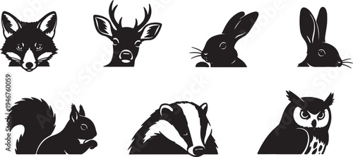 Black Solid Woodland Animals Peeking Around Corners Set of Six on White Background