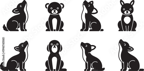 Black Solid Woodland Animals Looking Up at Sky Set of Six on White Background