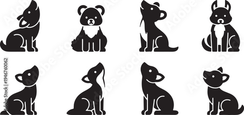 Black Solid Woodland Animals Looking Up at Sky Set of Six on White Background