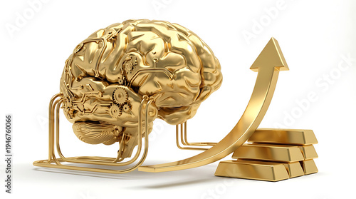 Golden brain with metal frame and gold bars and arrow