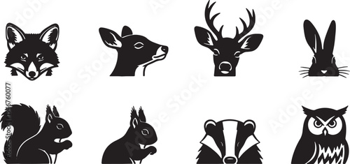 Black Solid Woodland Animals Peeking Around Corners Set of Six on White Background