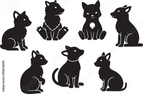 Black Solid Woodland Animals Sitting in a Circle Set of Six on White Background