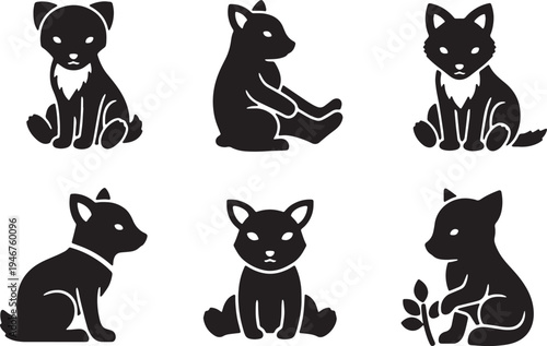 Black Solid Woodland Animals Sitting in a Circle Set of Six on White Background