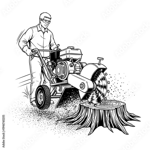 A person operating a stump grinder on a tree stump in a yard.