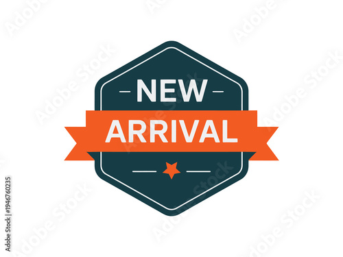 New arrival product tag design, vibrant orange and dark grey badge, highlighting fresh inventory, promotions, and store updates, retail marketing vector illustration isolated on white background.