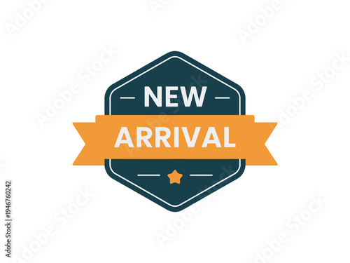 New arrival product tag design, vibrant orange and dark grey badge, highlighting fresh inventory, promotions, and store updates, retail marketing vector illustration isolated on white background.