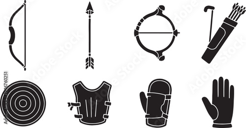 Black Solid Archery Equipment Silhouettes Set of Six on White Background