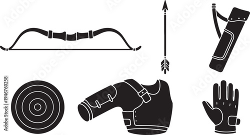 Black Solid Archery Equipment Silhouettes Set of Six on White Background