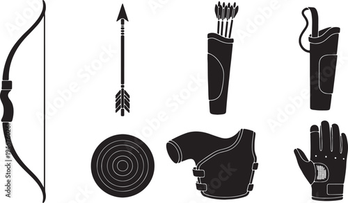 Black Solid Archery Equipment Silhouettes Set of Six on White Background