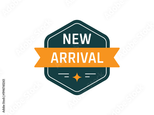 New arrival product tag design, vibrant orange and dark grey badge, highlighting fresh inventory, promotions, and store updates, retail marketing vector illustration isolated on white background.