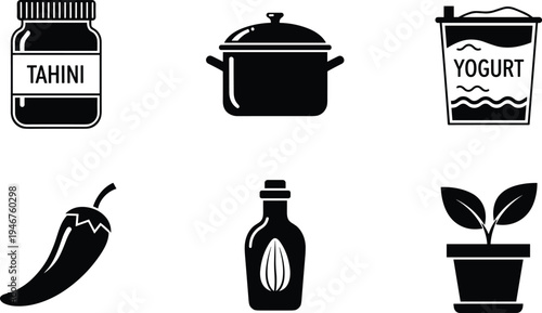 Silhouette food icons, tahini jar, yogurt container, cooking pot, chili pepper, oil bottle, potted plant, kitchen tools, vector illustration