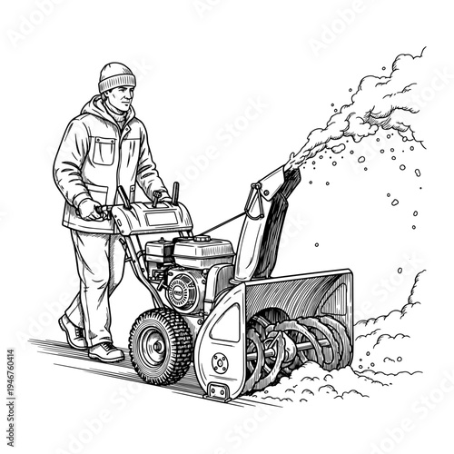A person operating a snow blower to clear a snowy sidewalk.