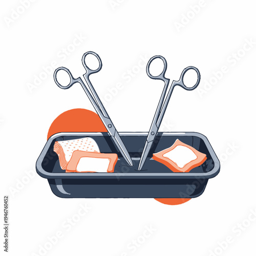 Medical Instruments and Supplies Illustration: Surgical Tools and Sterile Pads in a Tray Design