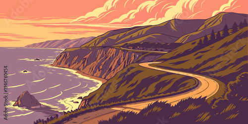 USA, US, U.S, United States - Big Sur Dramatic Cliffs Ocean Sunset Panorama | Coastal Highway Scenic Pacific Landscape Wall Art Poster | California USA Coastal Print