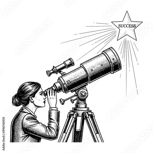 A determined individual gazes through a telescope towards a glowing star labeled success