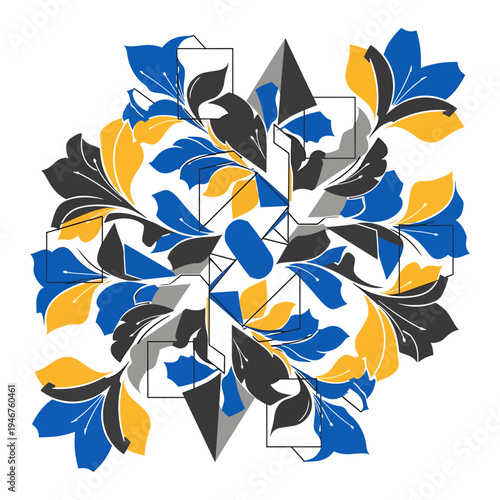 Vibrant abstract leaf pattern with bold geometric framing and vivid colors