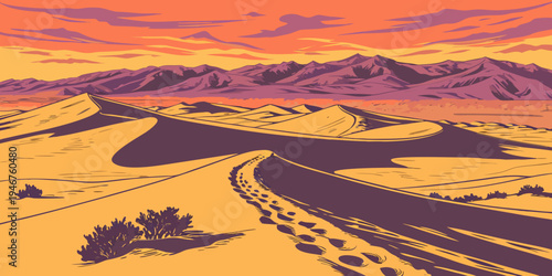 USA, US, U.S, United States - Death Valley National Park Golden Sand Dunes Sunset Panorama | Extreme Desert Landscape Wall Art Poster | California–Nevada USA Scenic Print