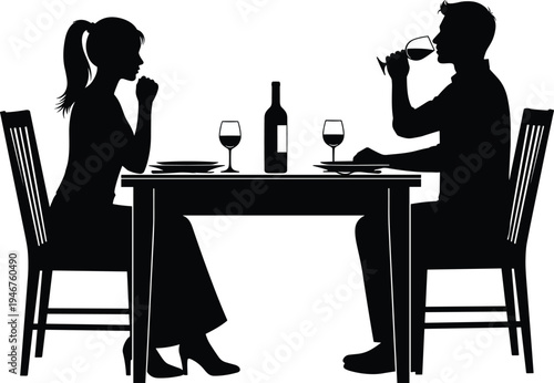 Silhouette of a young couple enjoying a romantic dinner date with wine at a restaurant table, isolated on white background