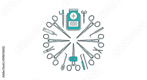 Medical Instruments Arranged in a Circular Pattern on a White Backdrop for Design