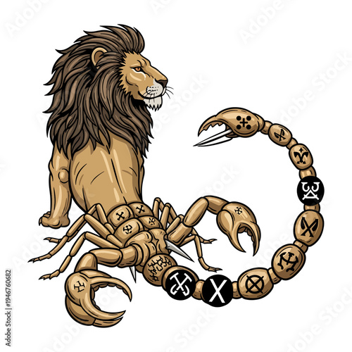 Mythical lion-scorpion hybrid with alchemical symbols in combat pose