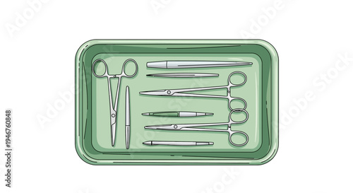 Medical Instruments Arranged Within A Green Tray Ready For Surgical Procedures