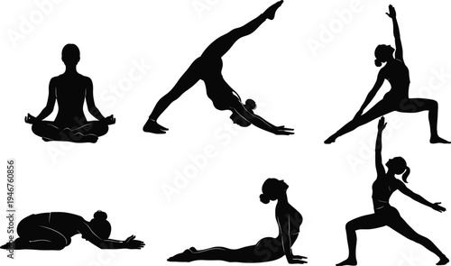 Silhouette yoga multiple poses, meditation, downward dog, warrior, child’s pose, cobra, fitness, exercise, wellness, flexibility, strength, balance, training, sport, athlete, gym