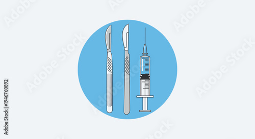 Medical Instruments Illustration Featuring Scalpels and Syringe Against A Blue Backdrop