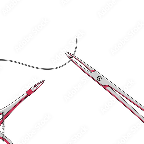 Medical Instruments: Depiction of Surgical Needle and Forceps with a Thread for Stitching